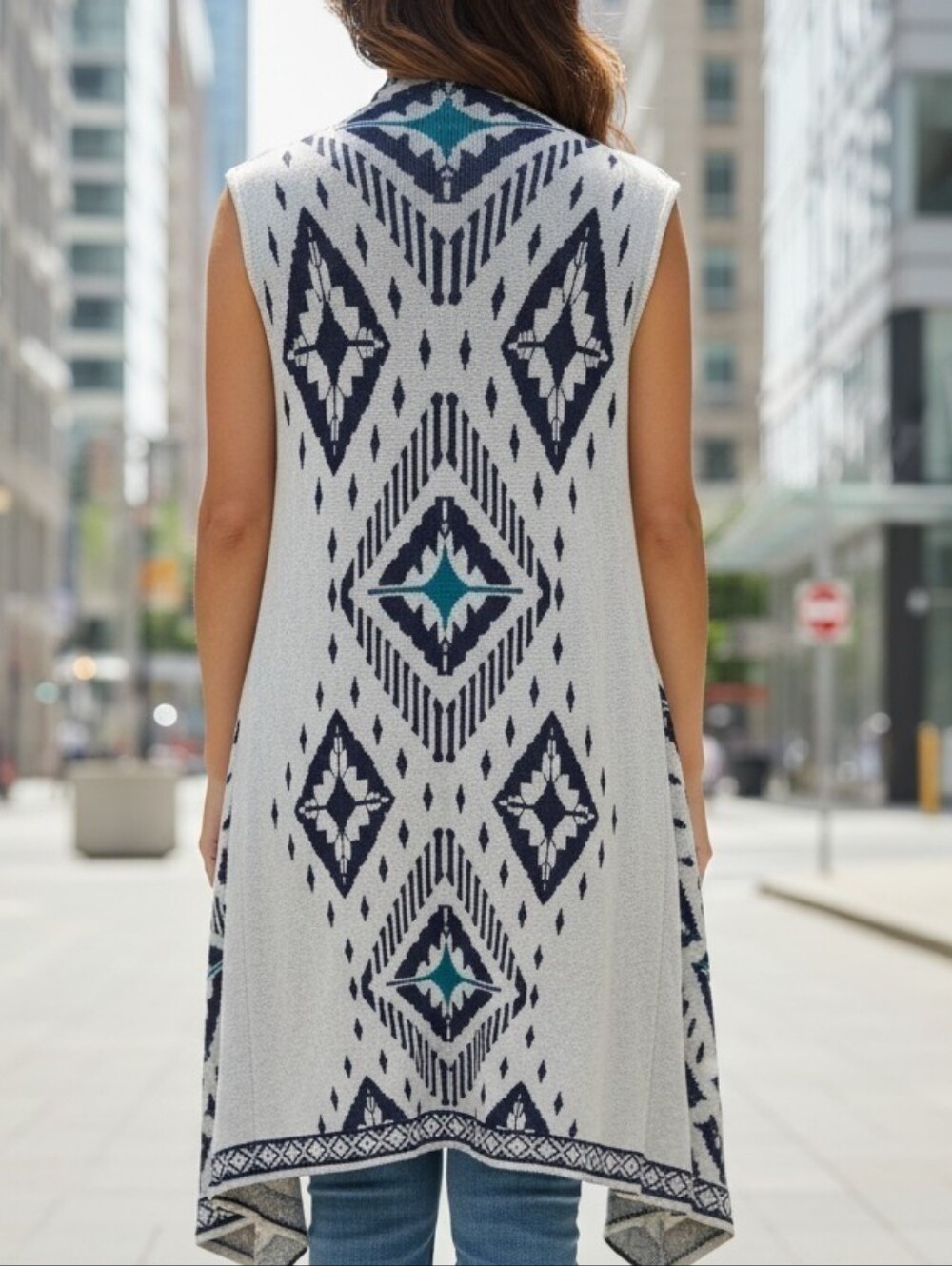 Aztec Print Open Front Sleeveless Cardigan Lightweight Passport Boho Small 4-6